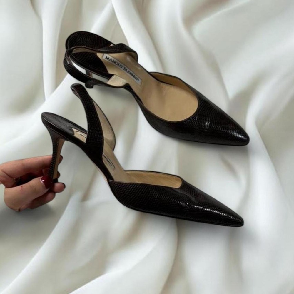 Manolo Blahnik Carolyn brown lizard embossed leather slingback pumps y2k euro